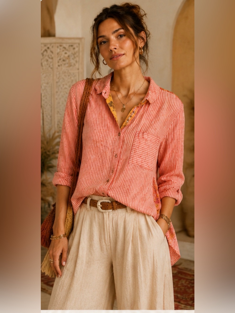 John Mark Coral and White Striped Top Boho‎ ,cottagecore, coquette XL